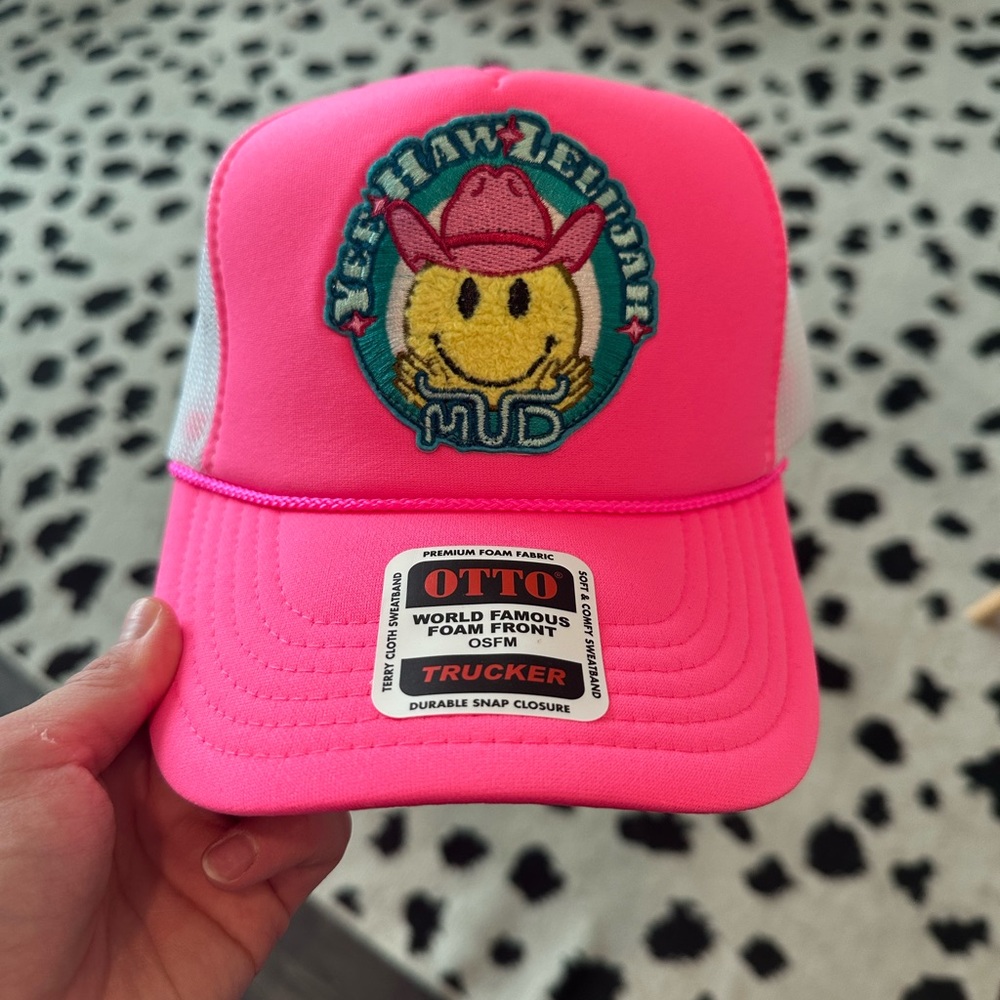 OTTO Neon Pink Trucker Hat with Smiley Patch